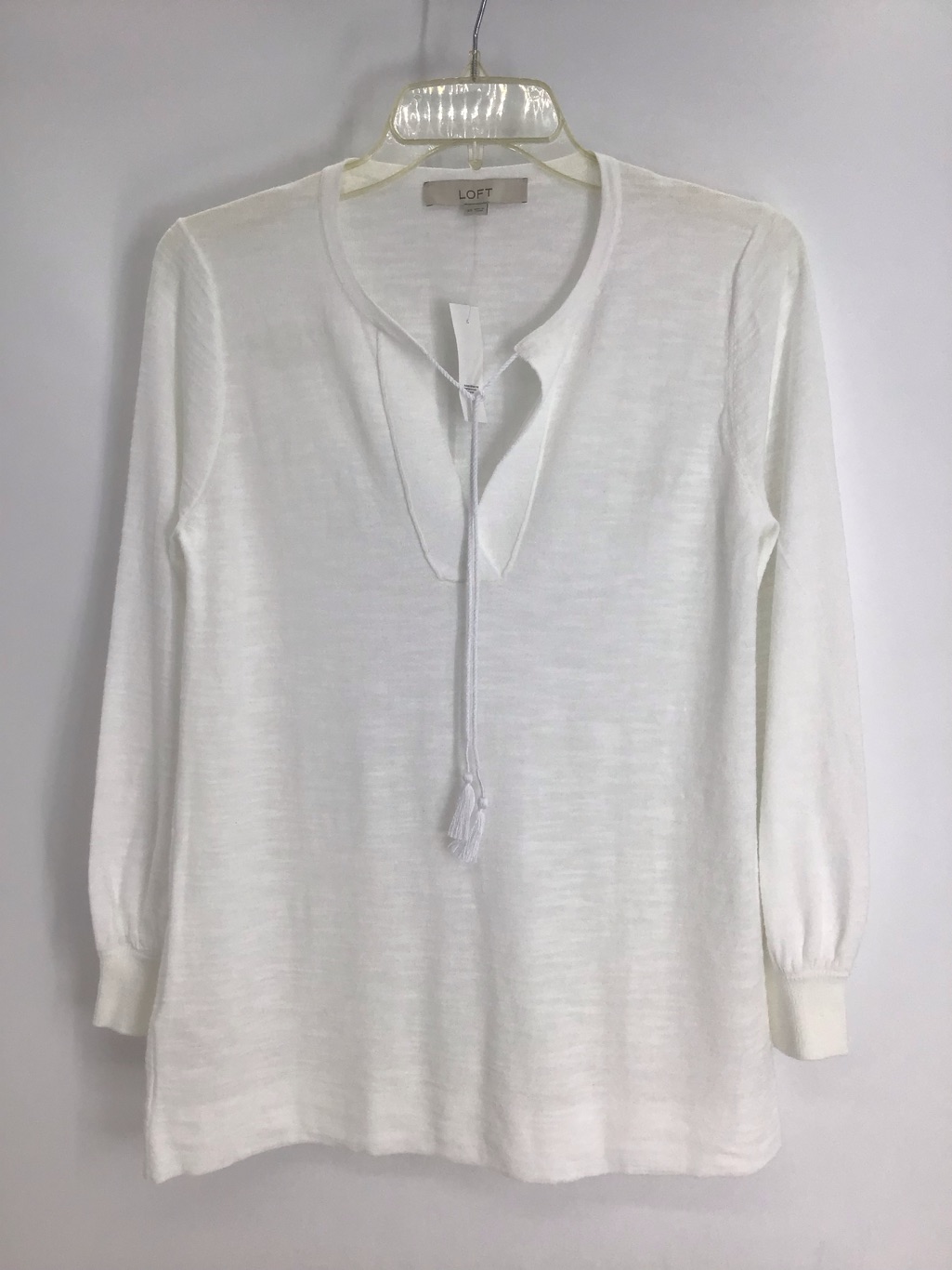 Loft Nwt Slit-Neck Front Tie Lightweight Knit Top Semi-Sheer Beach White Size Xs